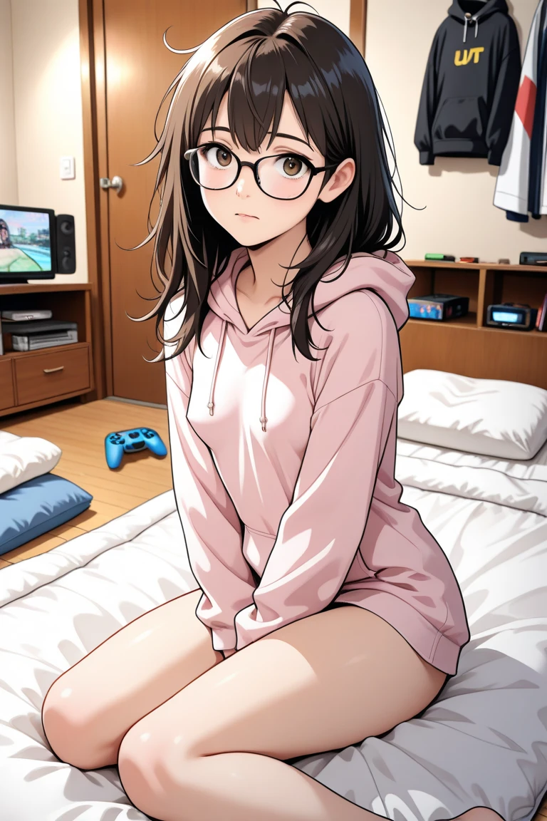 (super flat, flat shading, flat color:1.1)、An illustration、(One Asian boyish girl)、(cute:1.2)、Very beautiful 14 year old girl manga、cheeks are red、(high detail skin: 1.2)、Photorealistic anime girl rendering、Realistic anime 3D style、beautiful brown hair、intense black eyes、strong eye highlights、(get used to it、Medium chest)、perfect anatomy、hair is dirty、(sweaty)、Pale pink underwear、(wet with water)、spread your legs、head tilt、sit on the sofa、volume lighting、light from the front、bright、bright色、watercolor painting、hair band、frills、round glasses、Camel claws