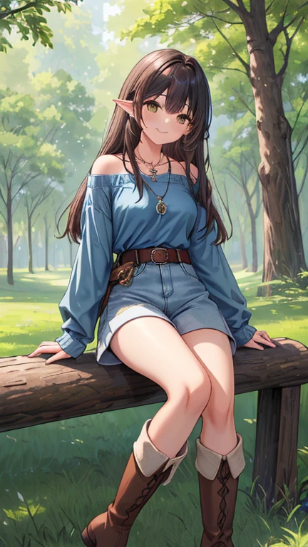 (masterpiece, top quality, best quality, official art, beautiful and aesthetic:1.2), masterpiece, best quality, 1girl, with a edgHimeCut hairstyle, blunt bangs, bangs, lake, nature, stone walkway, full body, jeans, bare shoulders, blue shirt, necklace, crossed arms, from side, (large boobs:1.3),erected tits , Masterpiece, milf, onegai teacher, curvy, juicy cameltoe,
