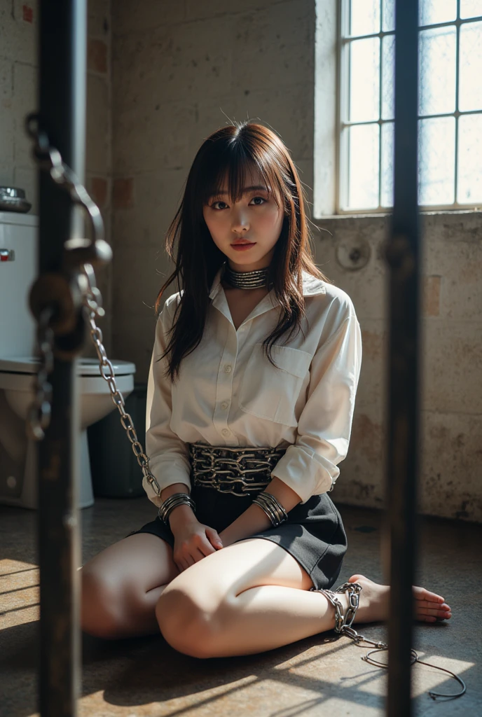 Super beautiful glowing eyes、1girl in、huge-breasted、large mouth、Saliva、Inter-strands、Abrola Prisoner、torn cloth collar、Shackles、slaves、chainetter、Thigh、in a house、Open your legs、hi-school girl、pubick hair、Alanawa
