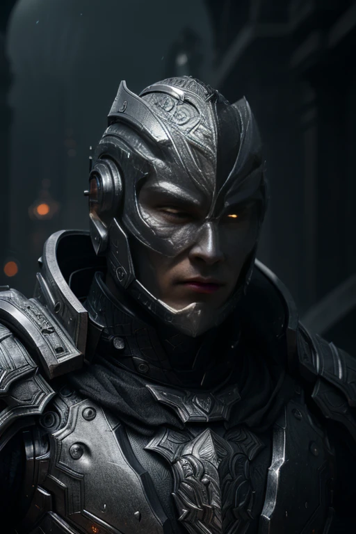 a silver armored man, no helmet, extremely detailed armor, detailed face, intricate metal texture, cinematic lighting, dramatic pose, dark fantasy, moody atmosphere, high quality, 8k, photorealistic

