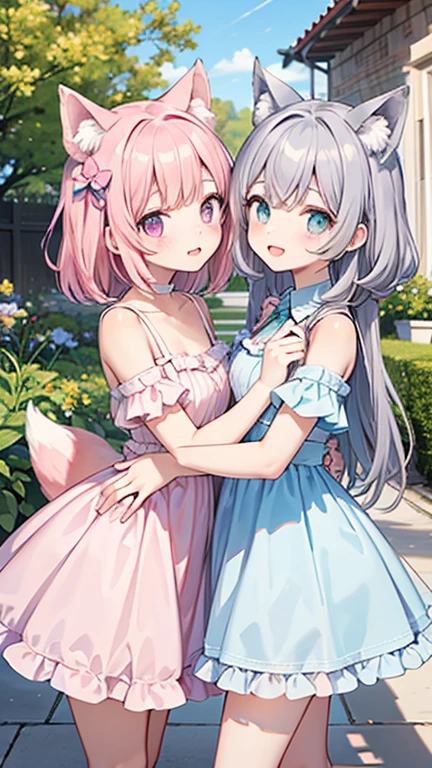 Two pure and innocent girls,16 years old、2 people(One with pink hair、1 Name Light Blue Hair)、Cute face、Beautiful Eyes、???????、Nipples、Natural beauty、Warm sunshine、Wildflowers swaying in the breeze々Surrounded by、Enjoying time in the fields。Butterflies and birds fly around her、Creates a playful atmosphere。