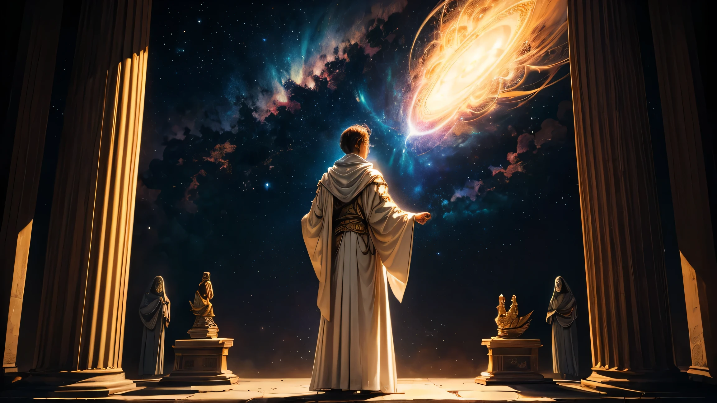 A highly detailed Renaissance-style oil painting, in horizontal 16:9 format, depicting a robed figure standing before a glowing cosmic doorway in the sky, with ethereal light pouring through it. The figure appears small but serene, gazing upwards as if remembering something forgotten. Celestial patterns and faded sacred symbols are carved into ancient stones around them. The atmosphere is golden and melancholic, evoking mystery and spiritual destiny. No text.