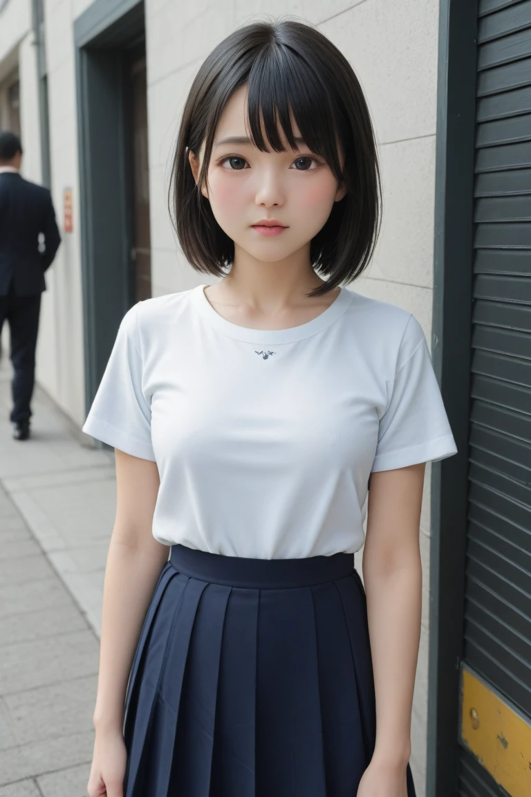 (8k),(masterpiece),(Japanese),(8-year-old girl),((Innocent look)),((Childish)),from the front,smile,cute,Innocent,Kind eyes,Plain T-shirt,Short sleeve,Blue checked short skirt,,Straight Hair,Hair blowing in the wind,Black Hair,Somewhat strong wind,noon,bright
