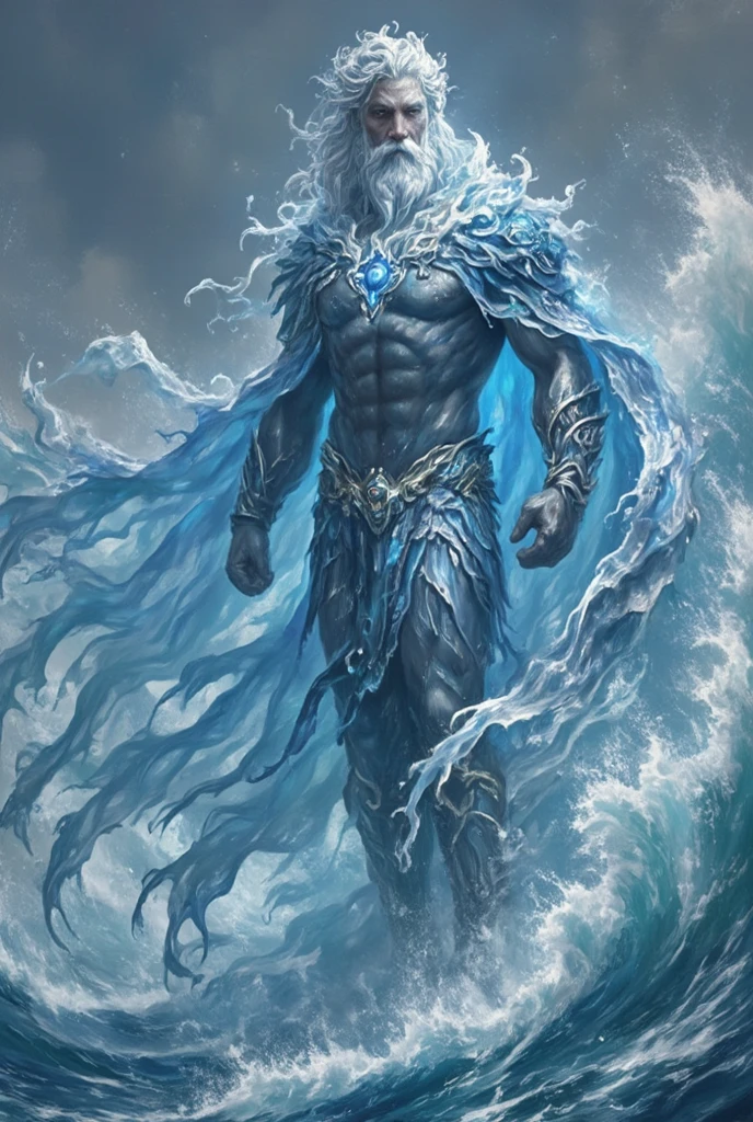 Uma imagem majestosa de Poseidon emergindo das profundezas do oceano. He is mounted on a marine throne, surrounded by exotic sea creatures and colorful corals. In the hands, segura um tridente reluzente, simbolizando seu poder sobre os mares. Ondas gigantes e espumas criam um ambiente imponente e tempestuoso.