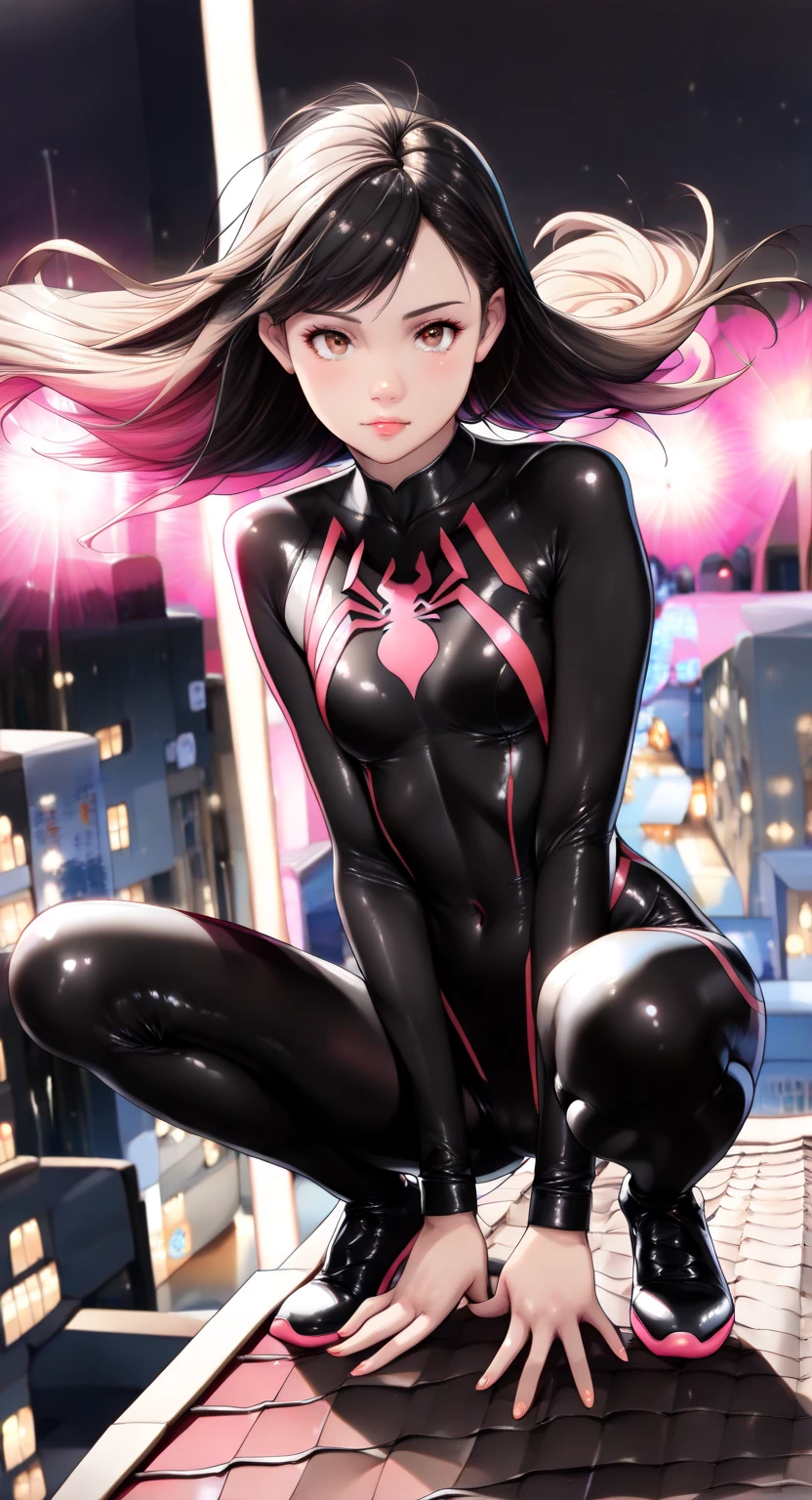 suzunehorikita, suzune horikita, black hair, braid, long hair, (purple eyes:1.1), in spiderman suit, in the city, best quality, high resolution, unity 8k wallpaper