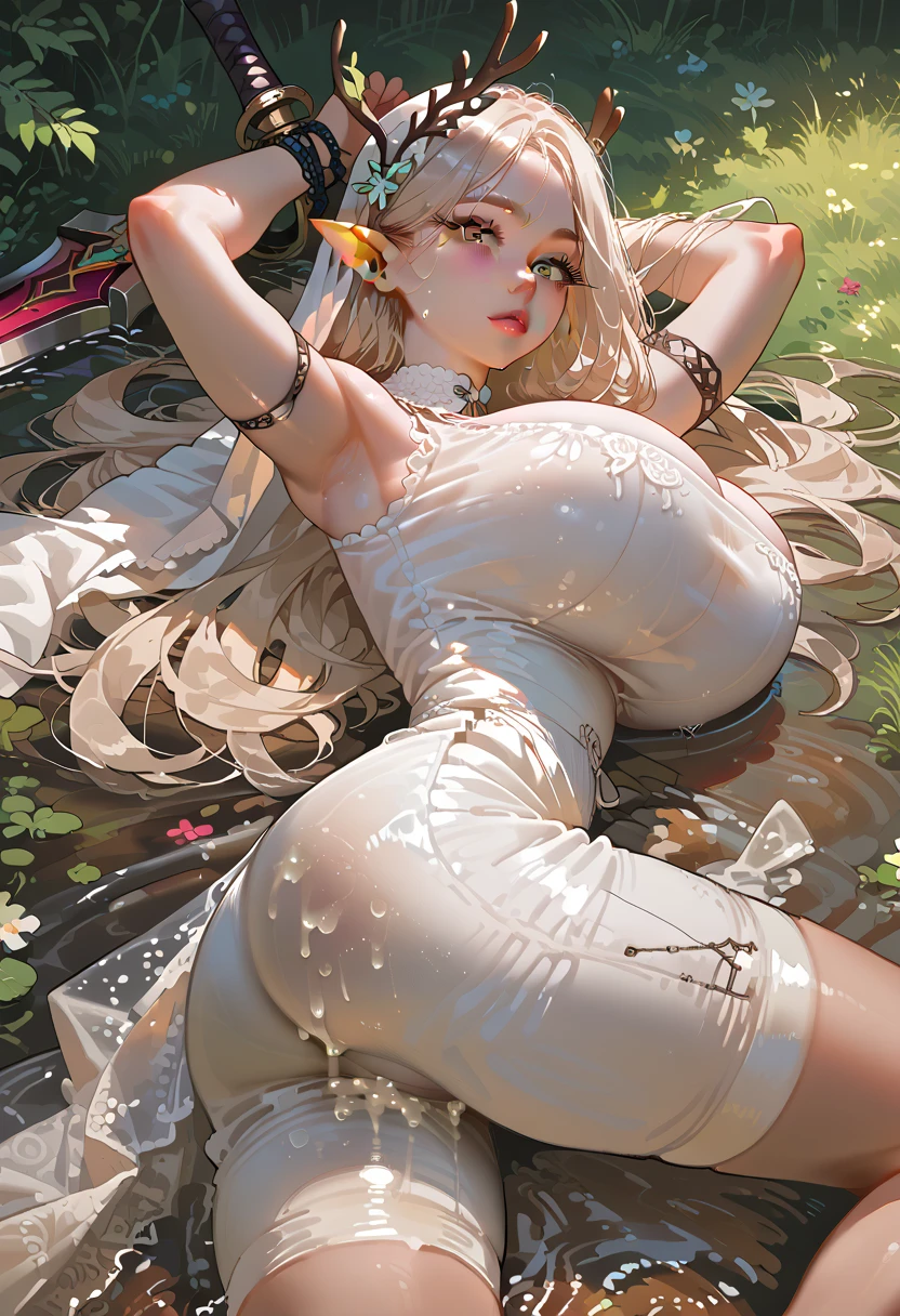 1female，35yo，huge-breasted，Pornographic exposure， 独奏，（Background with：bamboo forrest，lotuses，lotus flower，exteriors，Lotus pond） She has short silver-white hair，standing on your feet，Sweat profusely，drenched all over the body，seen from the front， hair straight， mostly cloudy sky，（（（tmasterpiece），（Very detailed CG unity 8K wallpaper），best qualtiy，cinmatic lighting，detailed back ground，beatiful detailed eyes，Bright pupils，Black eyes，（Very fine and beautiful），（Beautiful and detailed eye description），ultra - detailed，tmasterpiece，）），facing at camera，A high resolution，ultra - detailed），revealing breasts，Bare genitalia，  Bulge，legs are open，Raised sexy，Camel toes，Flushed complexion，Open-mouthed，frontage，（Wear sexy transparent dresses，Bare breasts，Bare lower body，Exposing the ，athletic sneakers）