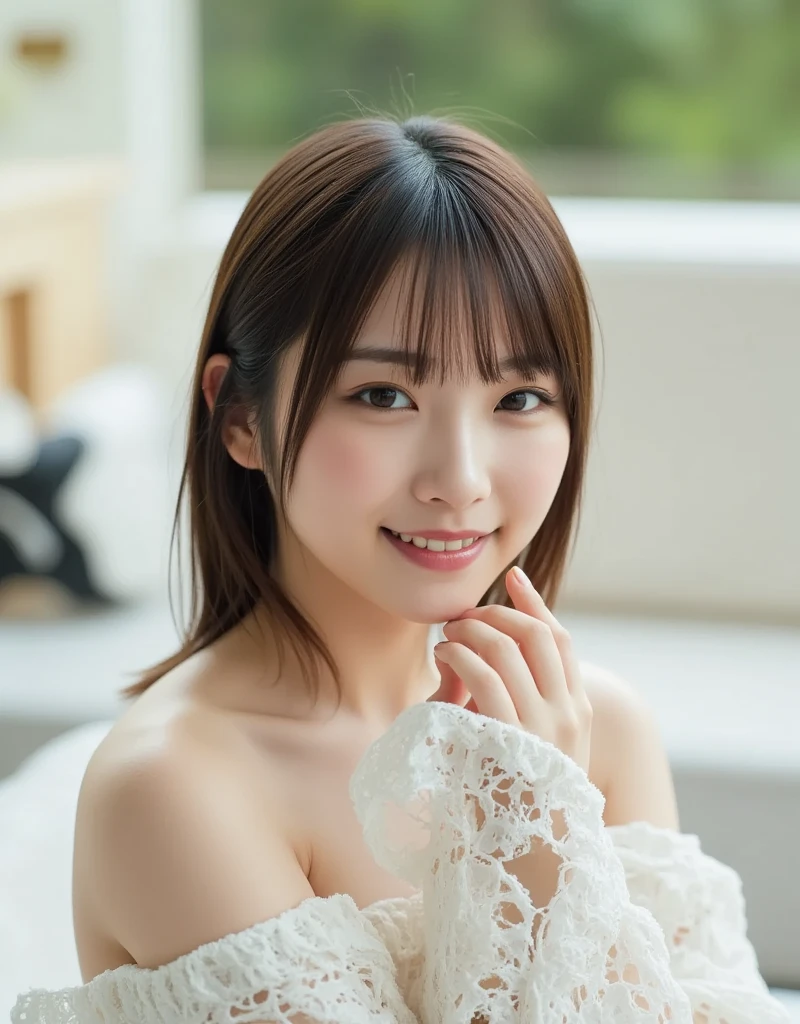 masterpiece,best quality,(Japanese girl),((Beautiful girl)),cleavage,(off shoulder:1.2),(perfect body beauty:1.2),(shy smile),beautiful teeth,From slightly above
