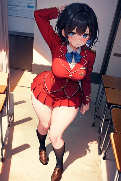 (( 1girl in)), NSFW、blush,well-muscled、Dark blue hair、Blue eyes、(((large full breasts)))、((big butts))、(((thick thighs)))、Sweat、:D、Short hair、bob cuts、Blunt bangs、School uniform、Red mini skirt、Blue jacket、Blackknee Socks、(White lace panties)、sports ground、From below、((Panchira))