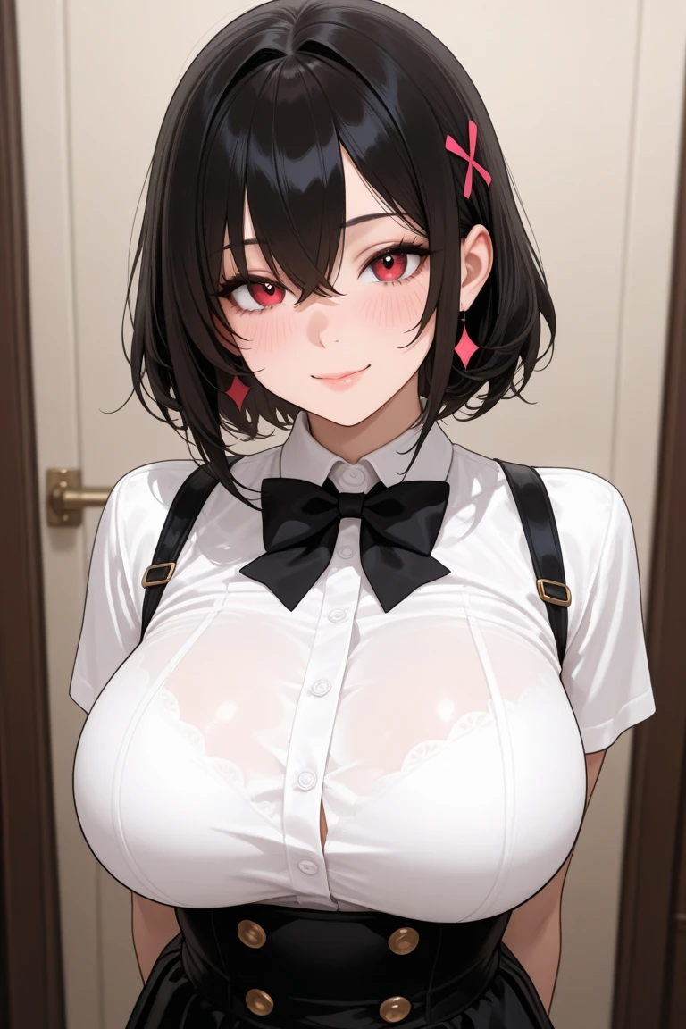 {lady with shoulder-length black hair named Rico}, business suits,tall,'', (It feels like saying Hello, daytime hours), indoor,{going out style}, ((Heart-shaped choker) ), (office room), Bright background, Mole under the eye, Heart-shaped choker, ((Masterpiece)), Highly detailed CG Unity 8k wallpaper), Top quality,, Detailed background, beautifully detailed eyes, heart shaped pupils,hollow eyes, looking at viewer,(very delicate and beautiful)), ((beautiful) eyes (detailed description),extra large breasts, browse,shirts,floating heart,brainwashed,sadistic smile