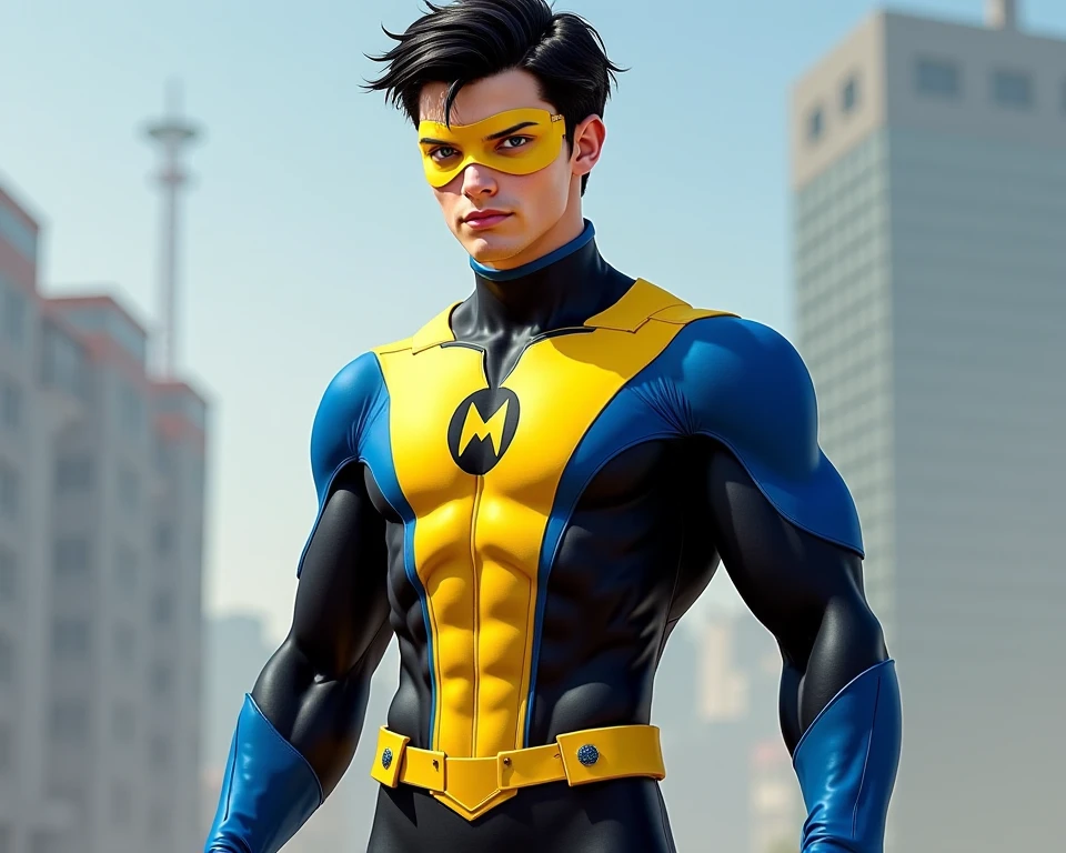 a muscular man, wears a yellow and blue costume, full body, flying over a city, detailed face, highly detailed, photography, ultra sharp, film, bokeh, professional, 4k <lora:Invincible_V2_-_SDXL:0.8>