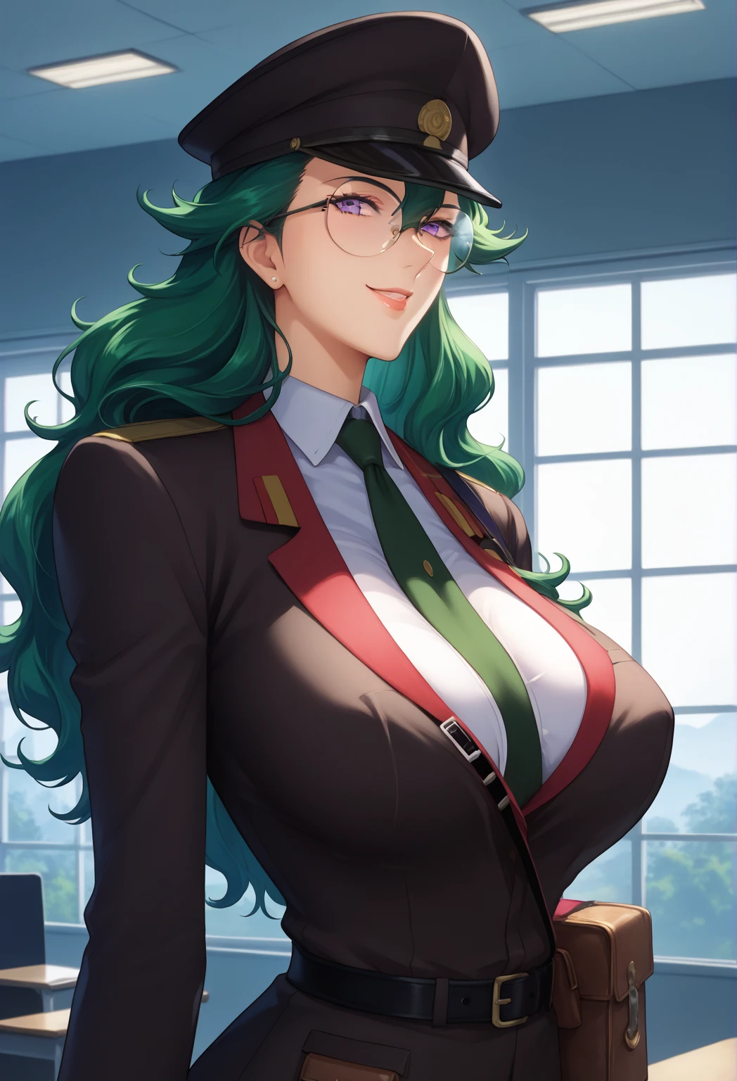 high detailed
1 girl, solo, round Breasts, Black tuxedo, Green eyes, thicc, ironic expression