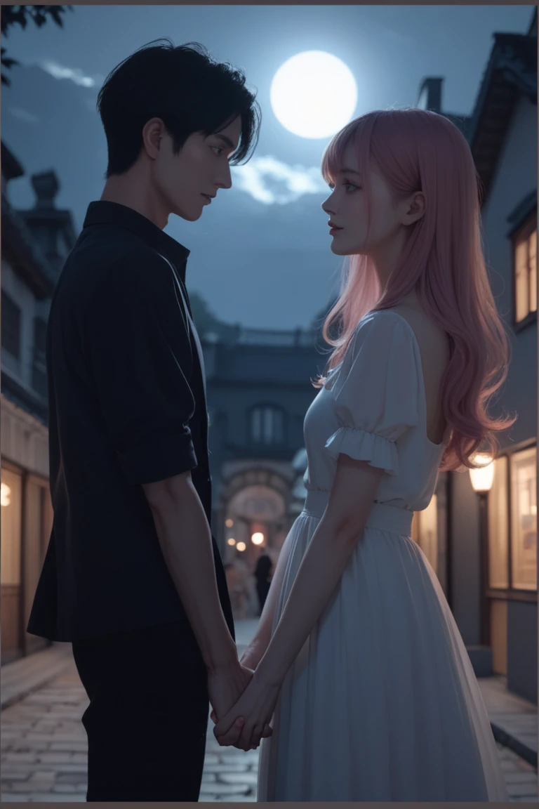 anime couples standing in night