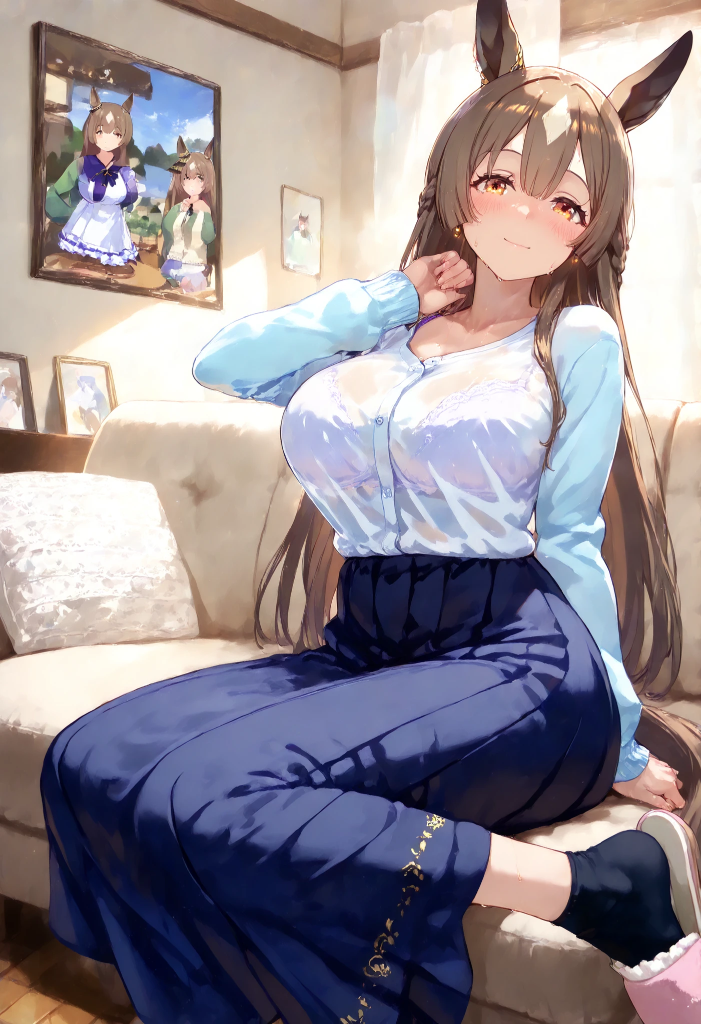 Satouno Diamond Umamusume, masterpiece, top quality,, score_9, score_8_up, score_7_up ,bra, panties with DECOR,
Satono Diamond \(Uma Musume\),nsfw,mature woman, housewife, Mature Woman, Living Room, Sofaにis sitting, 1 girl, solo, horse ears, earrings, , , horse tail, viewers,opening, cowboy shot, 何かを計画しているsmile, blush、
, ,
chest, half-open, sweat,, , , room, Pose, 軽いsmile, white shirt, cardigan, long skirt, thigh, , feet, , Sofa, is sitting, ,, casual with short hem_Clothes, , long hair, chest, viewers, , smile, bungs, , brown hair, , long sleeve, villages with, , closed mouth, clavicle, tail, , transparent shirt , , streaked hair, , , forward leaning posture, , full body, black socks, slippers,