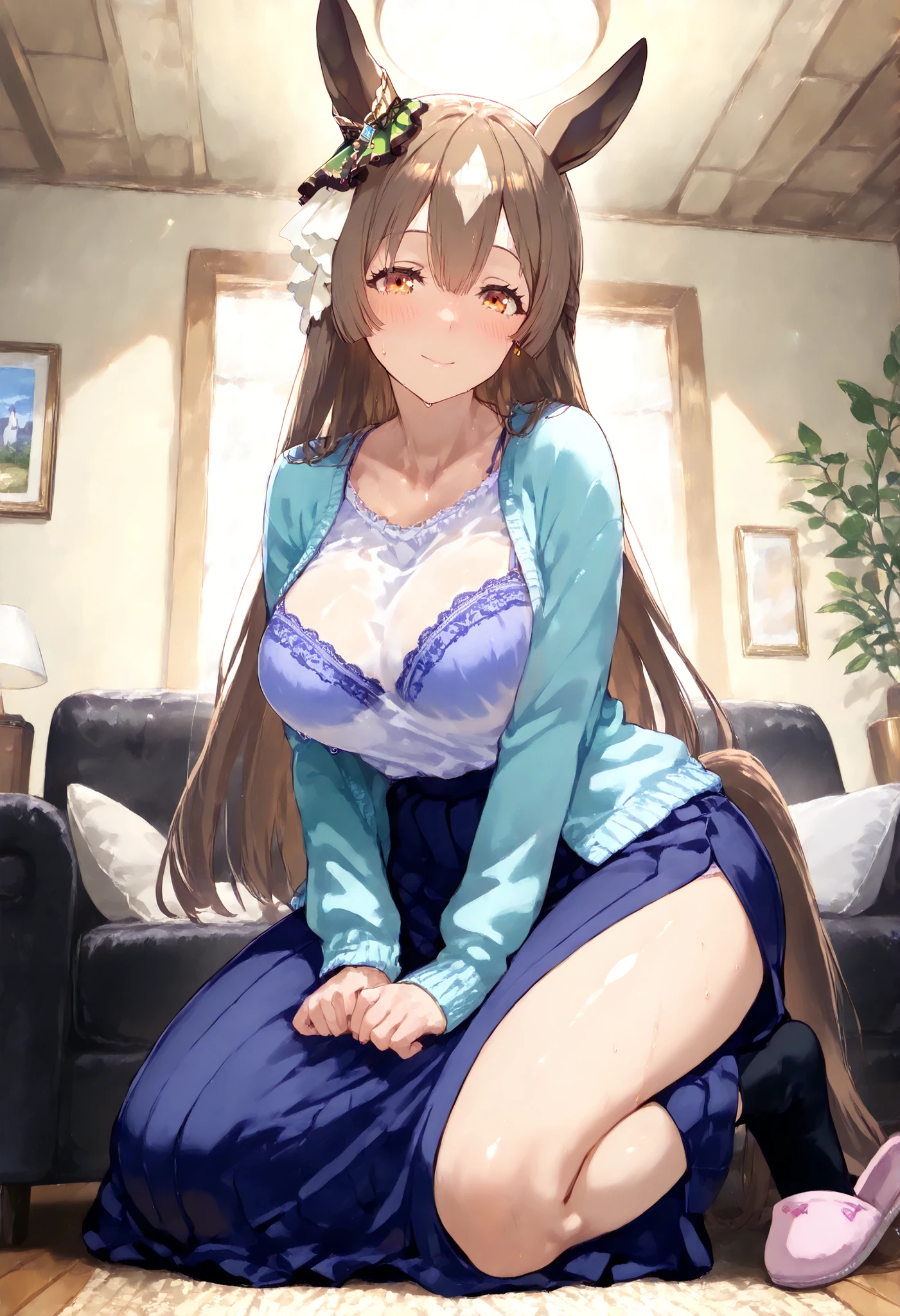 Satouno Diamond Umamusume, masterpiece, top quality,, score_9, score_8_up, score_7_up ,bra, panties with DECOR,
Satono Diamond \(Uma Musume\),nsfw,mature woman, housewife, Mature Woman, Living Room, Sofaにis sitting, 1 girl, solo, horse ears, earrings, , , horse tail, viewers,opening, cowboy shot, 何かを計画しているsmile, blush、
, ,
chest, half-open, sweat,, , , room, Pose, 軽いsmile, white shirt, cardigan, long skirt, thigh, , feet, , Sofa, is sitting, ,, casual with short hem_Clothes, , long hair, chest, viewers, , smile, bungs, , brown hair, , long sleeve, villages with, , closed mouth, clavicle, tail, , transparent shirt , , streaked hair, , , forward leaning posture, , full body, black socks, slippers,