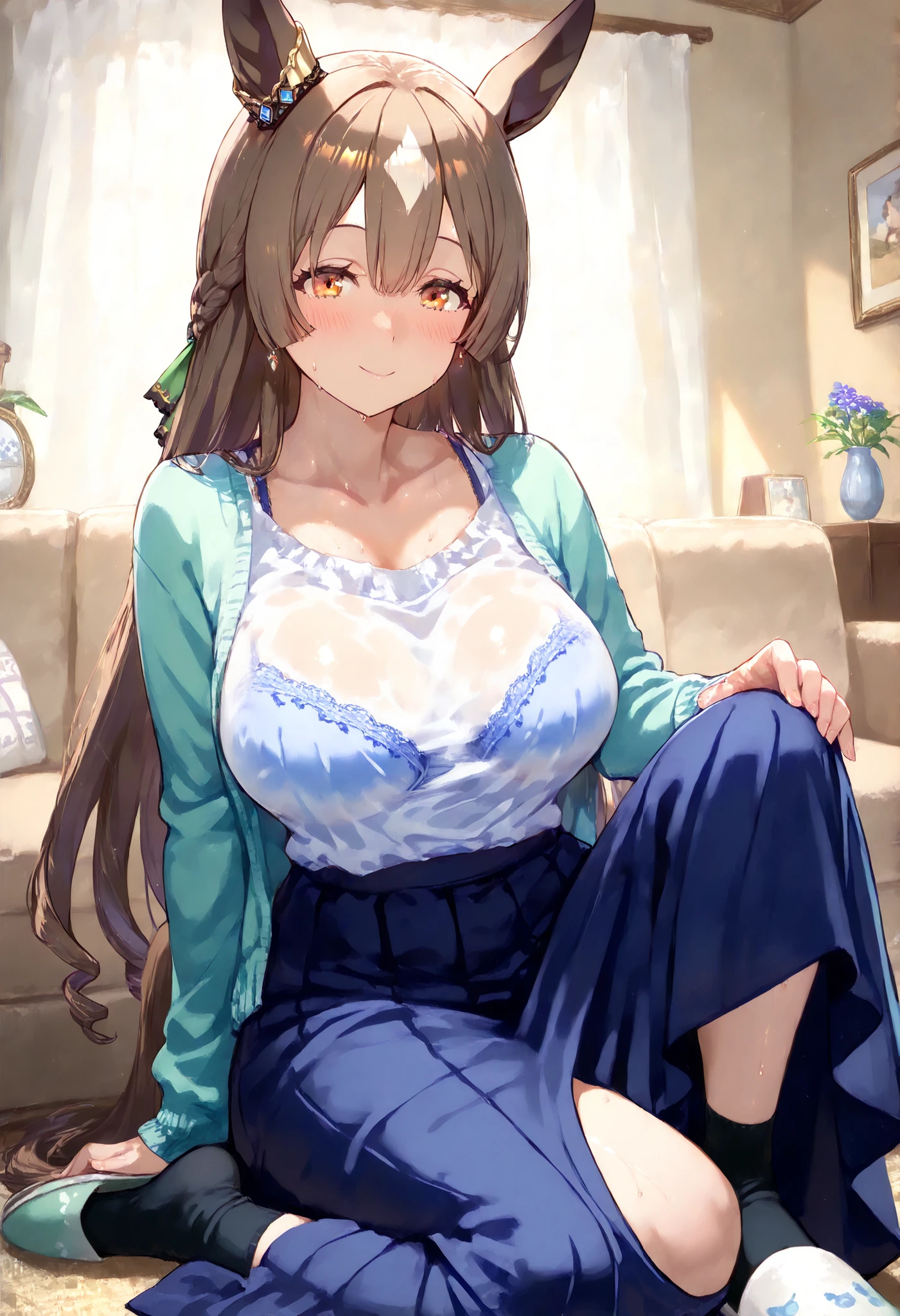 Satouno Diamond Umamusume, masterpiece, top quality,, score_9, score_8_up, score_7_up ,bra, panties with DECOR,
Satono Diamond \(Uma Musume\),nsfw,mature woman, housewife, Mature Woman, Living Room, Sofaにis sitting, 1 girl, solo, horse ears, earrings, , , horse tail, viewers,opening, cowboy shot, 何かを計画しているsmile, blush、
, ,
chest, half-open, sweat,, , , room, Pose, 軽いsmile, white shirt, cardigan, long skirt, thigh, , feet, , Sofa, is sitting, ,, casual with short hem_Clothes, , long hair, chest, viewers, , smile, bungs, , brown hair, , long sleeve, villages with, , closed mouth, clavicle, tail, , transparent shirt , , streaked hair, , , forward leaning posture, , full body, black socks, slippers,