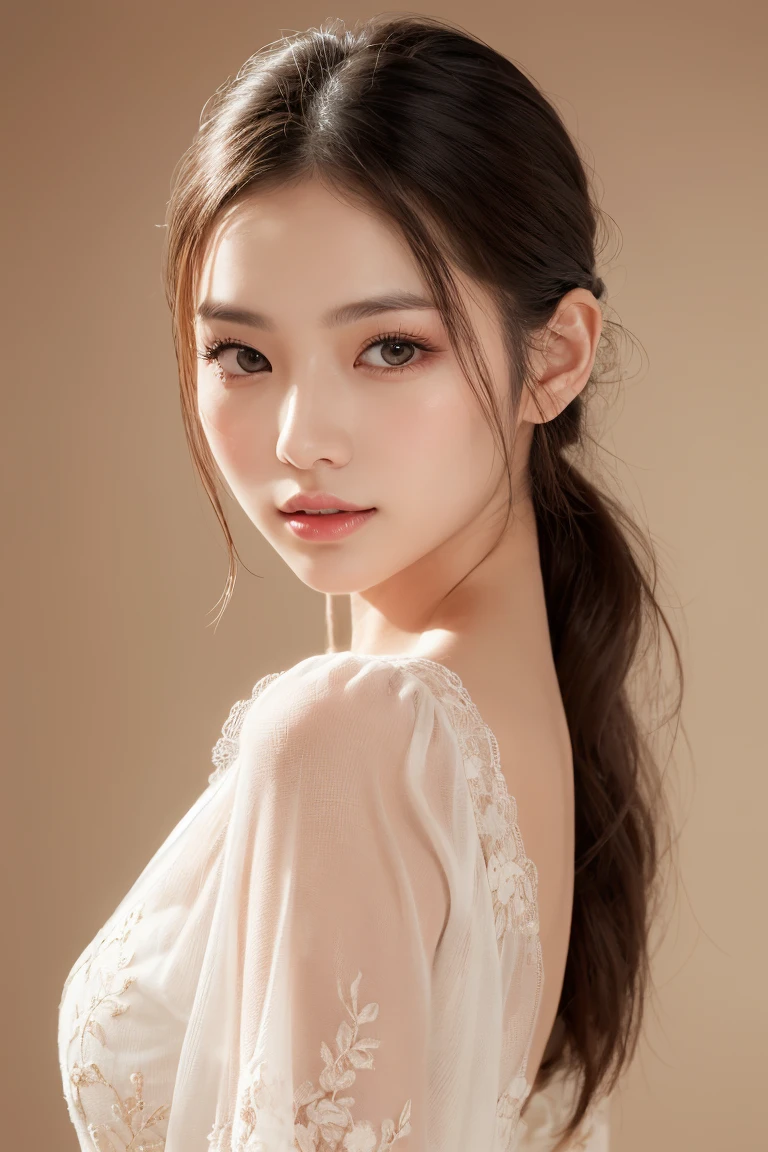 1woman, Updo hairstyle, (Ultra realistic, high res), (highly detailed eyes, highly detailed hair, highly detailed face, highly detailed plump lips), (off shoulder with open breasts), breasts, upper body, caute smile, (best quality:1.4), Raw photo, (realistic, photo-realistic:1.37), professional photography, cinematic light, (fine face: 1.2),