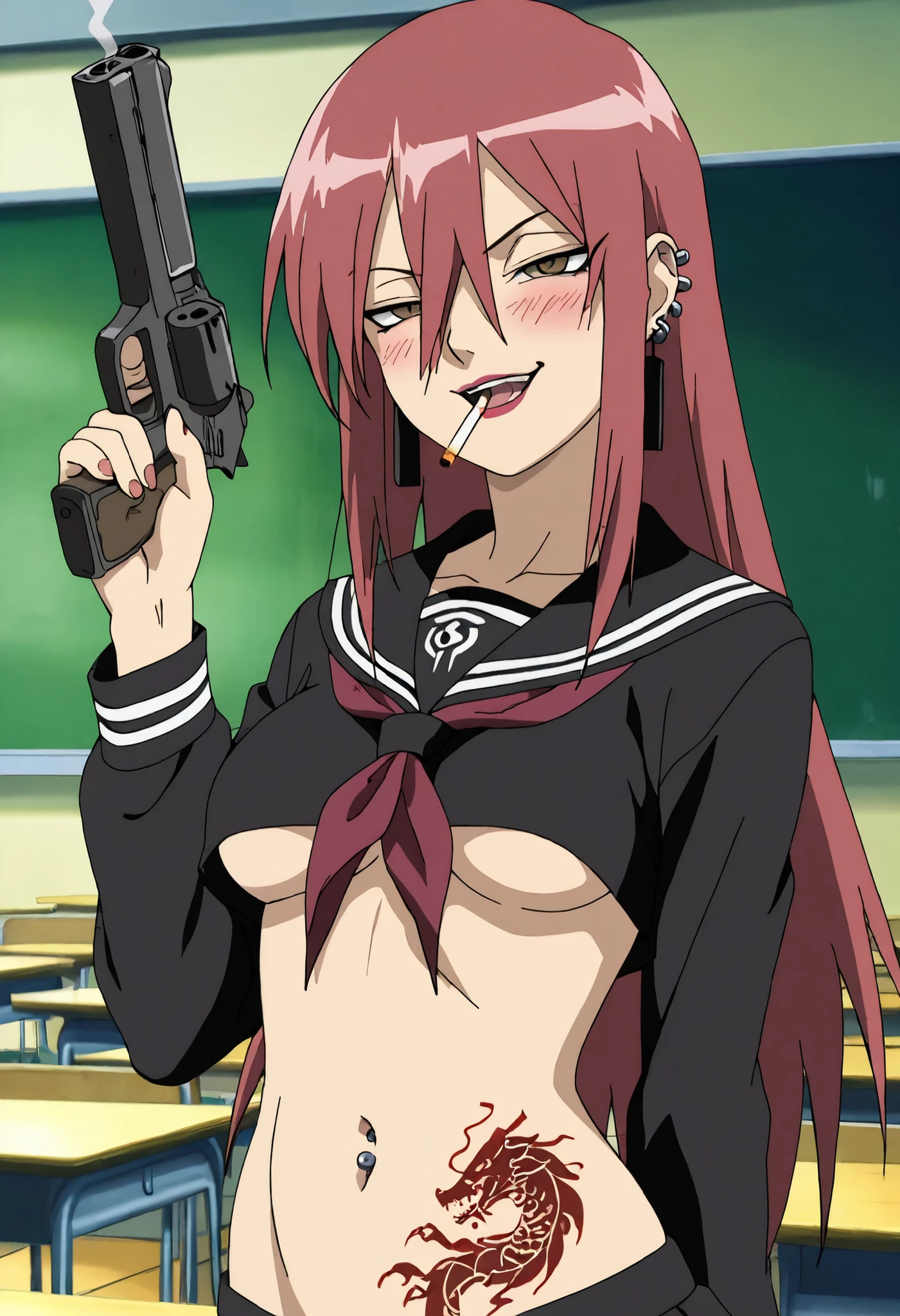 Tayuya, straight hair,
High quality , best quality , masterpiece, High Resolution , detailed face( LoRA: Tayuya),anatomically correct, detailed hair Style( LoRA: Tayuya),anime Coloring
solo, 1 girl, red hair, long hair, brown eyes,,medium breast,
ear piercing, long hair, blush, lipstick,Hot girl, baddie, smoking, sensual, attractive, medium breast, masterpiece, best quality, highly detailed, a girls in sailor uniforms with a gun posing for a picture, evil
smile, smile, open mouth,black_serafuku, (nsfw) not safe for work, ecchi style, high school girls, holding
a gun, hold a gun, micro skirt, exposed belly, exposed navel, exposed midriff, holding pistol,underboob,
exposed lower belly,school, classroom, navel piercing, waist dragon tattoo, narrowed eyes, tattoo waist, anipai_style , anime screencap , anime coloring ,