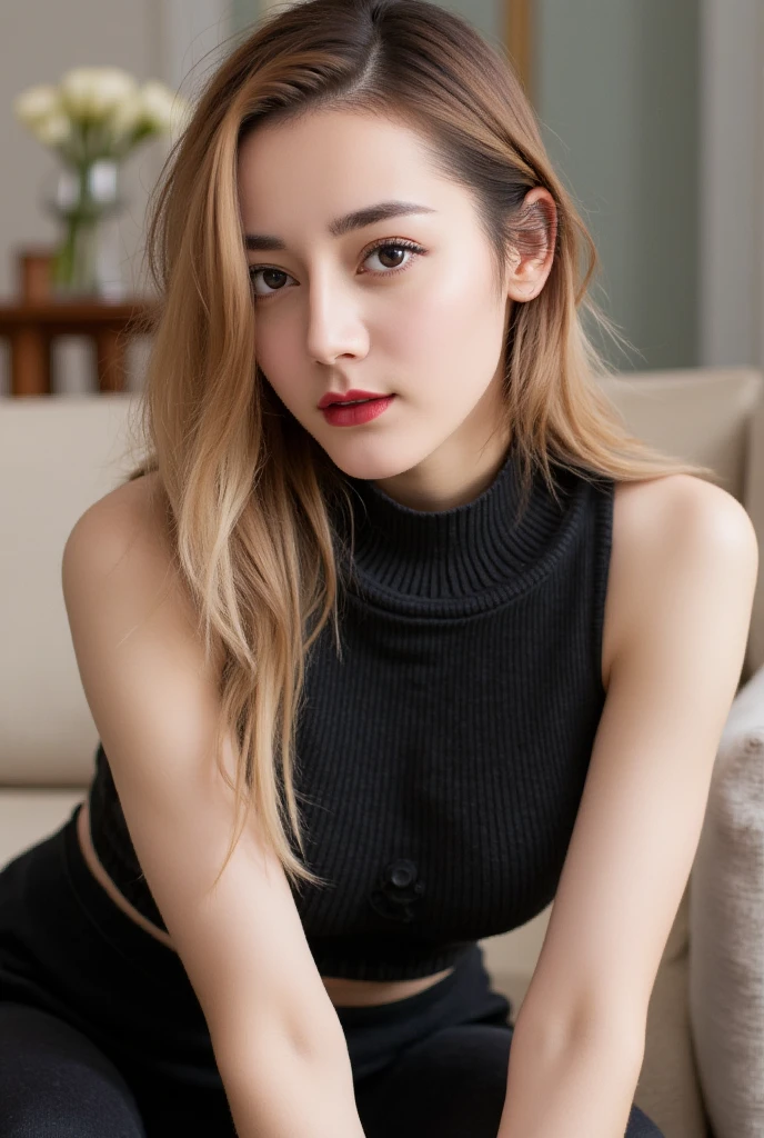 1 girl,(Wearing a sleeveless turtleneck sweater:1.4),(RAW Photos, Highest quality), (Realistic, photo-Realistic:1.4), masterpiece, Very delicate and beautiful, Very detailed, 2k wallpaper, wonderful, finely, Very detailed CG unity 8k wallpaper, Very detailedな, High resolution, Soft Light, Beautiful detailed girl, Very detailed eyes and face, Beautiful and detailed nose, Beautiful and beautiful eyes,Cinema Lighting,City lights at night,Perfect Anatomy,Slender body,close,(smile),Blonde,Photographed inside the cafe