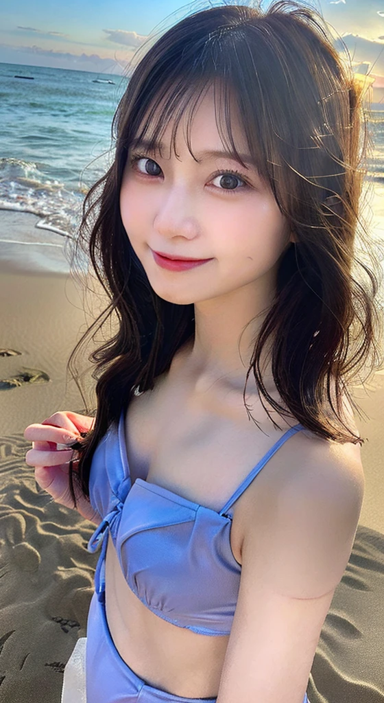 Selfie pose,Squat down,sweating,  outside,From above,High Angle,Beach,smile,(8k, RAW Photos:1.2)Detailed face and eyes,最high quality, Ultra-high resolution, Very detailed ,Intricate details ,Tabletop ,pretty girl , Soft cinematic light, Hyper Detail,Sharp focus, high quality, smile　honeycomb