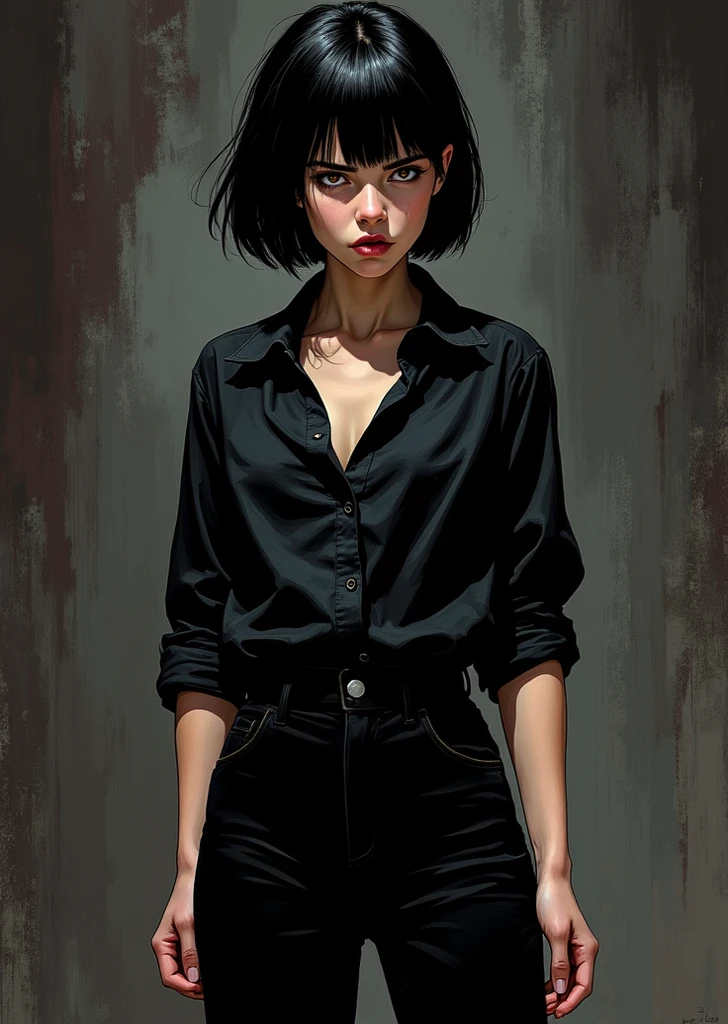 A girl with thin appearance, watch in hand, white shirt, half unbuttoned shirt, unbuttoned shirt sleeves, torn black pants, big hair black sunglasses with mustache eyes, age about 17