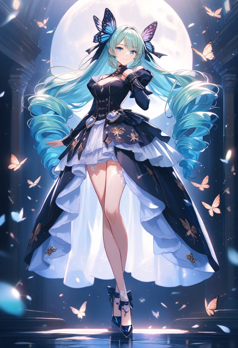 best qualityer,tmasterpiece,Ultimate resolution,downy,Extremely colorful,Colorful,Mermaid princess,Lolita dress,Black suspender stockings,Fishmouth heels,starrysky