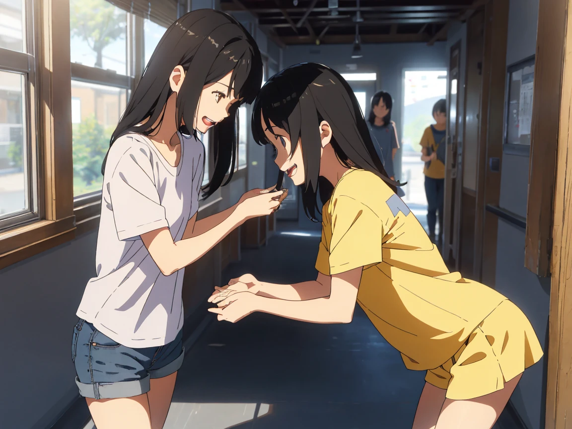 (Futanari elementary school student:1.5), (Absurd, 8K, 4K, Tabletop, Extremely detailed:1.2), Highest quality, Perfect Anatomy,Perfect Face,Look forward,High humidity,(Chubby:1.2), shortness of breath,High humidity,humid, Black Hair, Hair ties, T-bag, hair band, Outdoor, hair ornaments, Twin tails, (Sweaty:1.2), (Wet:1.2), (rain:1.2), (Looking into the camera:1.2), (Oily skin:1.3), nude, Browsing Caution, In the city, on the road, Small breasts, Pink nipples, (Speech bubble:1.3), (Observe the audience:1.3), (Sharp eyes:1.2), (Two 少女s facing each other:1.5), (She is stroking his penis right in front of me.:1.4), Kneel, (Handjob:1.5), orgasm, (woman with penis:1.5), A happy smile