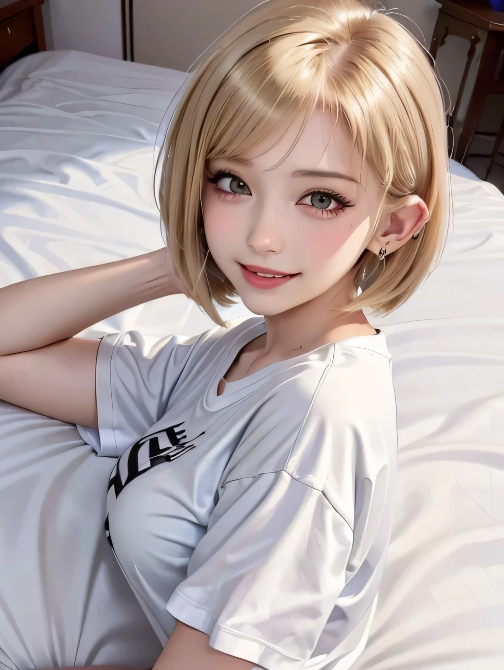 (masterpiece:1.2), {{1woman}}, ((pov)), ((portrait)), ((from side)), ((looking at viewer)), ((lying down)), ((in the bed room)), ((in the midnight)), 21years old, ((gal)), ((blonde hair, bob cut)), ((big smile)), ((ear piercing)), ((embarrassed)), ((oversized shirt)), ((white panty)), Japanese