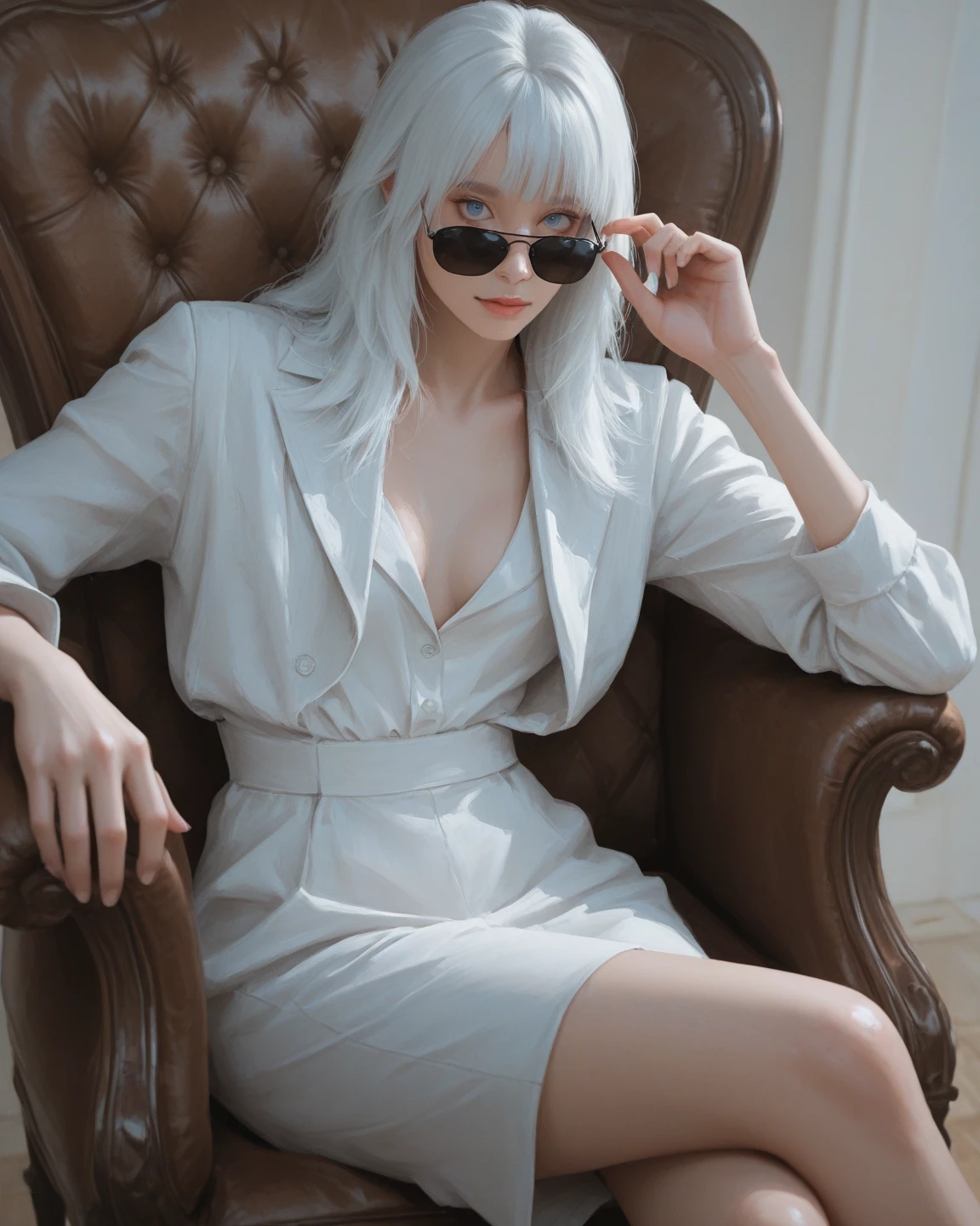 Hair: Long, white and flowing
eyes: Clear blue with a piercing stare
Features: He has a very feminine and dignified face with a very pale skin tone.
Clothing: His outfit of choice is typically a white royal modern suit, which is a clean, elegant outfit that consists of a white jacket and pant, often with a double-breasted jacket with wide lapels, and high-waist pants.
Accessory: A majestic silver crown with a rook chess piece design intricate on it and an armband with the rook chess piece symbol on it, with a sign of "humanity" under it.