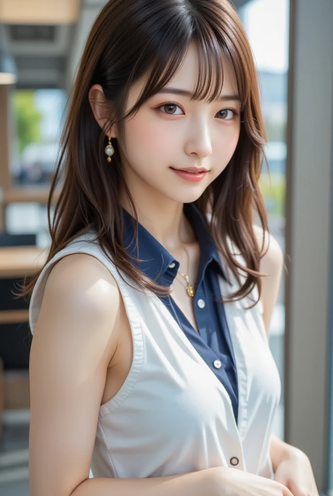 (Photorealistic:1.8, Highest quality:1.8,8K masterpiece:1.8,High resolution,Mastepiece:1.8,RAW Photos,Cinematic lighting),No split screen、morning、Old coffee shop、(A female clerk carrying coffee:1.5)、(Soryu Asuka Langley)、
(choker、Medium chest、Beautiful breasts、cafe uniform、mini skirt、Beautiful ass、Beautiful thighs、Plump nipples、Cutting-edge fashion)、
(Random hairstyle、Beautiful, shiny pale-brown hair:1.5)、Sparkling Blue Eyes、Fine Lines、greet、smile、Random Pause、Random Angle
