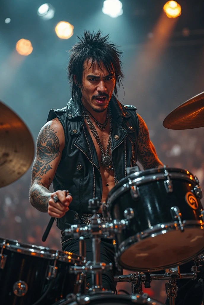 a very powerful rocker drummer like emil vergo, he is wearing sleeveless black shirt and jeans, handsome, korean, nice body, ripped black jeans, tattoo, black hair, playing drum, eyes looking at camera, energic, cinematic, studio background