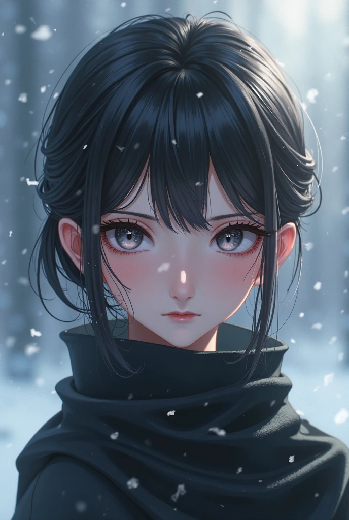 a man with a black hair and a black outfit and a black scarf and a black hoodie and a black and white background, (1girl:0.872), (black hair:0.758), (blurry:0.926), (blurry background:0.703), (brown eyes:0.562), (depth of field:0.625), (long hair:0.855), (outdoors:0.541), (scarf:0.989), (snow:0.925), (solo:0.886), (upper body:0.683)