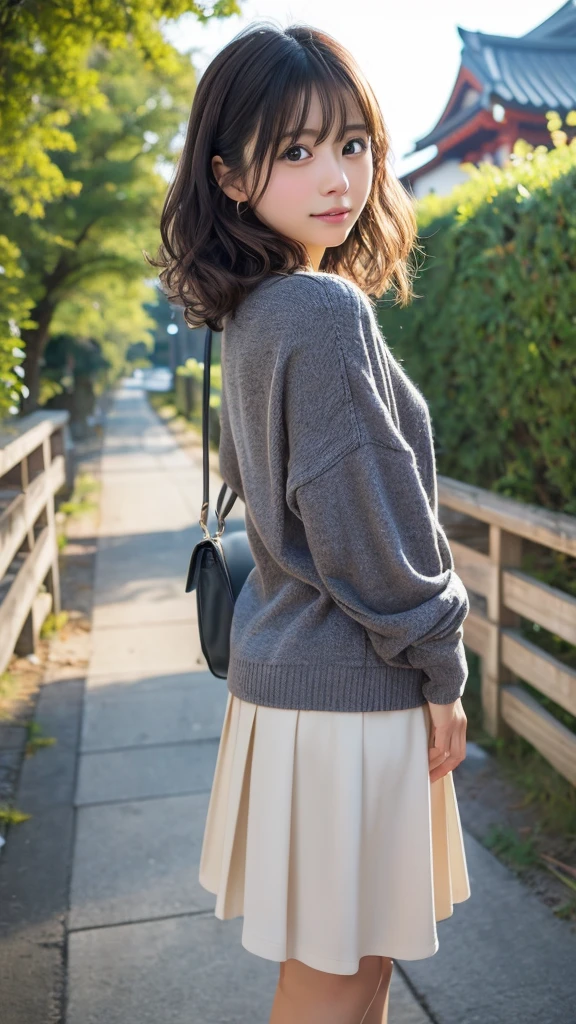 Best-quality, Masterpiece, Ultra-High-Resolution, (Photorealistic:1.4), Raw-Photo, depth of field, professional-lighting, from below, cowboy-shot, 1girl, 15-years-old, the most famous Japanese idol, running up at school stairway, solo, wearing white panties under navy-blue pleated skirt on lower-body, wearing white-blouse under red sweater-vest, blush, looking back, (extremely cute face, ((extremely cute and extremely big eyes)), extremely cute hairstyle, realistic-skins), childish-body, detailed bicycle, detailed navy-blue-pleated-skirt, detailed red-sweater-vest, detailed brown-loafers