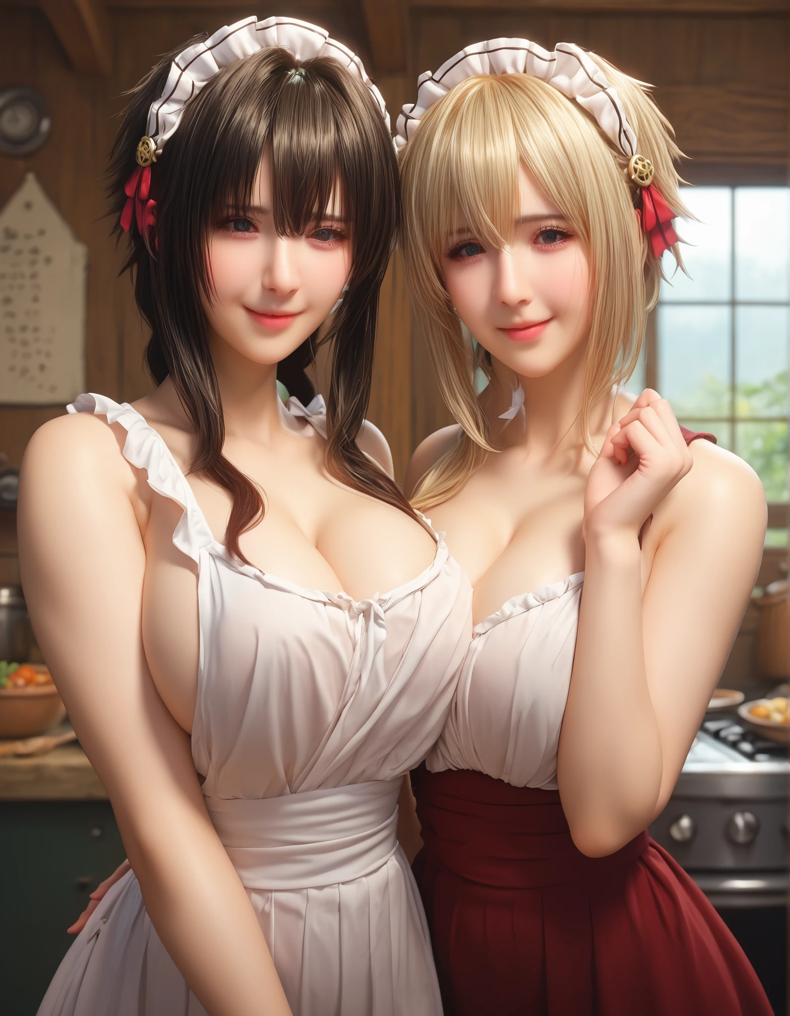 yuki yokoya and violet evergarden, two anime girls with big breasts, two women pose, full body shot, camera angle profesional, excited, with flushed cheeks, wearing cooking apron only, oppai, oppai proportions, two beautiful anime girls (yuki yokoya and violet evergarden), big breasts!, big breasts!!, anime girls, with a large breasts, twintails, beauty eyes, faint smile on her face, hd, high quality image, head accessories, posing at garden house with sunny weather