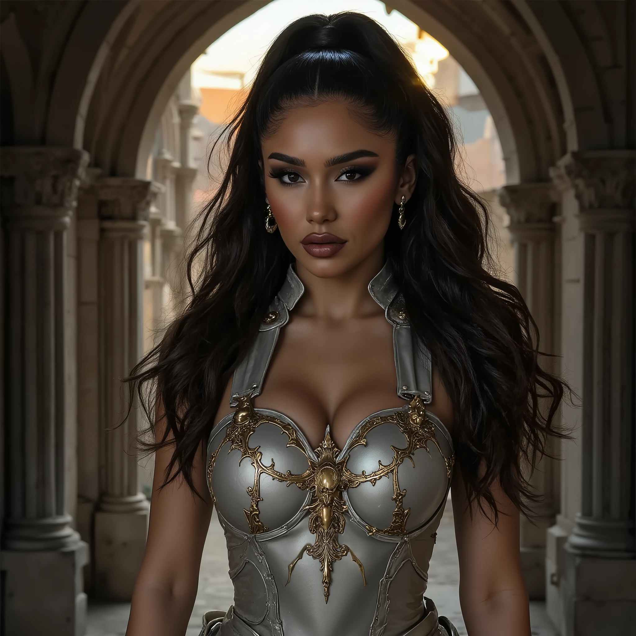 beautiful female knight (Janet Guzman), full body, wearing bombshell, bomber, silver gold plated 17th century short body-hugging knight armor, standing in the doorway of a gothic cathedral, very long luscious hair, dark eyes, full red lips, fair skin, hair blowing in the wind, ultra-realistic skin texture, sensual curves, sensual gaze, sensual figure, eerie lighting, heavy mist, thick bluish fog, high quality, cinematic, photorealistic, lifelike, high definition, extremely intricate details, dark, dramatic atmosphere, creative perspective, Notre Dame Cathedral, Middle Ages Era Cathedral, illuminaty, secret society, stoned artifacts of Jesus Christ crucified, (sunset:1.3)