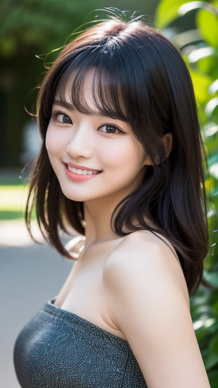 (a gorgeous lady, age 20s, classic black dress that exudes timeless elegance, versatile and sophisticated, posing naturally in a Chinese Garden under night sky, kind smile, dimpled cheeks, short ponytail, short bob hair, cute snaggleteeth, ample round bosom, perfect body anatomy, photorealistic, beautiful detailed eyes, hyper-realism, high contrast, ultra HD, realistic skin textures, top image quality, top-quality, super high resolution, fine details, very meticulously, high angle shot, medium shot, cowboy shot, bokeh background, SFW)