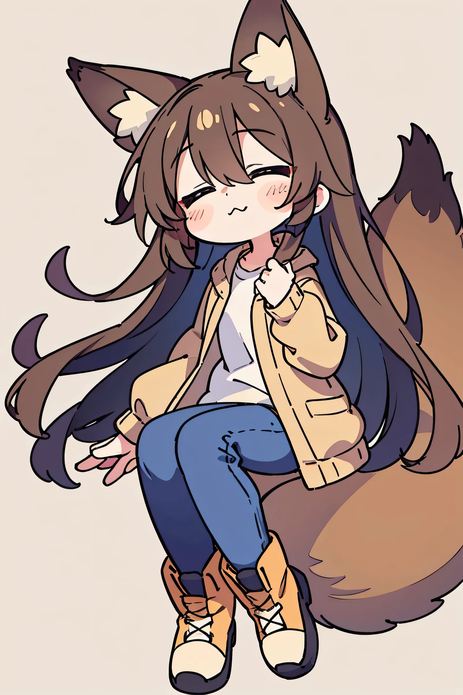 anime style、 cute face、 female、 fox ears、 caramel brown hair、tail、long hair、 beige jacket、jeans、boots、simple background、close eyes、is sleeping、Cute mouth
