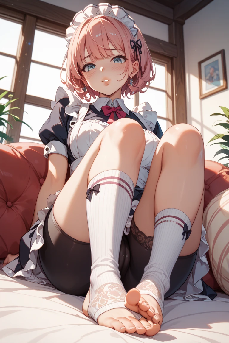 (Highest quality), (masterpiece), 1080p, High resolution, 4K, 8k, suspenders, Maruka Higuchi、higuchi_Madoka、Mature Japan、1 person、thin and thin legs、The whole body from head to foot、Sit on、、(black_pantyhose):1.2)、Showing white panties through stockings、Very beautiful 17 year old girl, Innocent big eyes, (brown_short_hair),,(前hair),dishevled hair,(hair clips),A slight blush, alone, Looking at the audience, Showing white panties、Flip up the skirt、Skirt flip、pull up the skirt with your hands、Show your underwear、Show off your pants with your own hands、Panty shot、Wide-open legs、Panties digging into the crotch、 Spread your legs、Spread your legs、High school uniform white blouse、High  blue ribbon、Navy high pleated skirt、 spread legs, legs up, sole