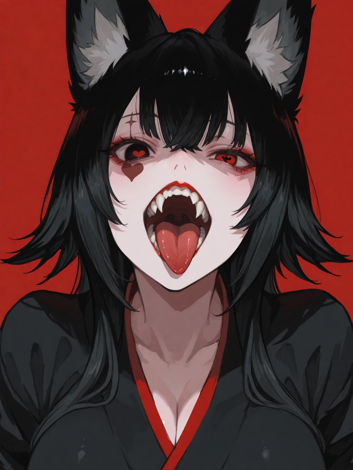 Solo, score_9,score_8_up score_7_up, source_furry, anthro, Stolas, male, sitting, on a bed, (high angle shot:1), close up, close up on face, open mouth, tongue out, (extreme close up focus on mouth:1.1), focus on mouth, tongue, uvula, macro shot, looking up at viewer, looking upwards at viewer, red robes, wet saliva, saliva dropping down, horny
