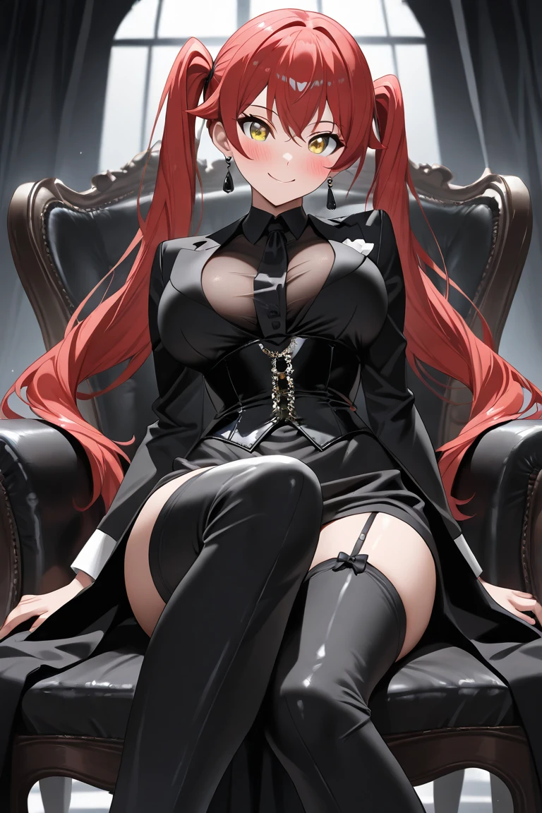 ((top-quality)), ((​masterpiece)), ((ultra-detailliert)), (extremely delicate and beautiful), voluptuous woman, sexy woman, dark tanned skin, red hair, wavy hair, long hair, wearing skin tight leather black corset top, long sleeved corset top, skin tight leather black shorts, sheer black pantyhose, black leather boots, high heeled boots, long boots, cold expression, demon horns, golden eyes, not smiling, killing , sitting on a throne, fiery throne