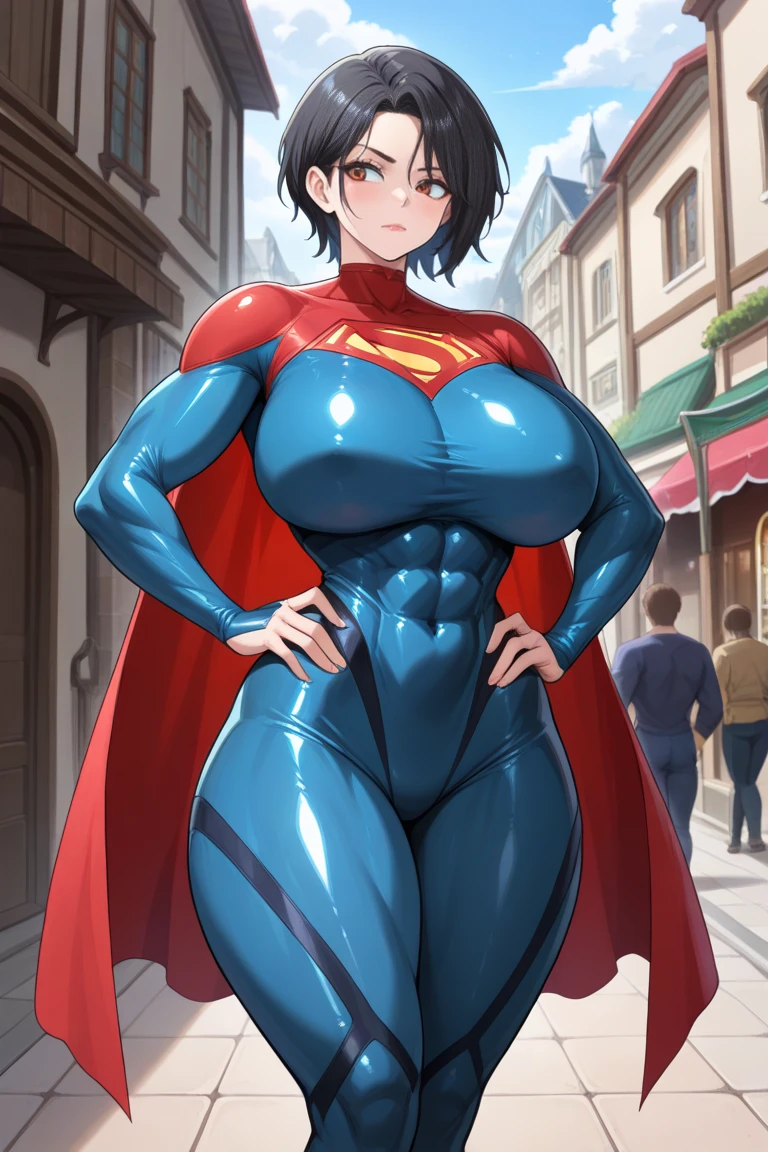 (masterpiece, best quality:1.2), lois lane (my adventures with superman), solo, 1girl, black hair, brown eyes, earrings, ((short hair, SUPERMAN SUIT, dark blue bodysuit, red cape, supergirl, (Super girl suit:1.5),Jumpsuit,(huge breasts,Big ,Big breasts:1.3))) large breasts, couch, looking at viewer, standing, open mouth, smile, street, on side, indoors,,(big muscular female bodybuilder),(oil painting,high-res),(sweating,flexing muscles,six-pack abs),(best quality,professional,vivid colors),(strong, powerful),(studio lighting,dramatic shadows),(realistic).