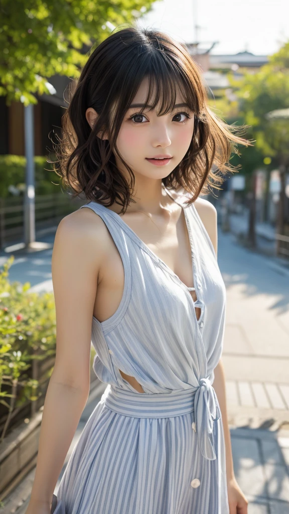 (realistic:1.3), finely detailed, quality, rembrandt lighting, (masterpiece:1.2), (photorealistic:1.2), (best quality), (detailed skin:1.3), (intricate details), dramatic, ray tracing, 1girl, japanese girl, 21 years old, detailed skin texture, (blush:0.5), (goosebumps:0.5), subsurface scattering, smiling, updo hair, parted bangs, hair in between eyes, medium breasts, halterneck, lace, white romper, playsuit, cut out sides, (bright sunny day), <lora:Playsuit2:0.8>