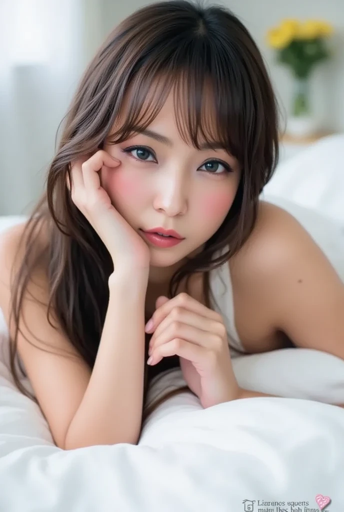 ((Realistic lighting, top quality, 8K, Masterpiece: 1.3)), Clear Focus: 1.2, 1 girl, Perfect beauty: 1.4, Slim abs: 1.1, ((Long dark brown hair, big: 1.2)), (Slender), Ultra slender face, Narrow eyes, Double eyelids, (Full body lying on bed: 1.2), facing the camera, Crawling on all fours, Constriction emphasis, Side shot, Smile