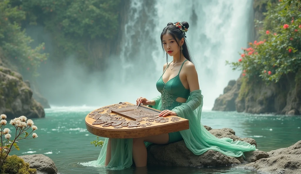 ((cheerful ((tall dark tanned ((Korean)) MILF magistrate)) sitting poolside while reading manuscript, (wearing opulent robes), (wearing antique lace necklace), (cannabis flower tattoos on arms and legs), plump legs spread apart, high quality photo, sitting quietly poolside (with copious tall cannabis sativa plants and poppy flowers and hydrangeas surrounding pool during foggy sunrise)