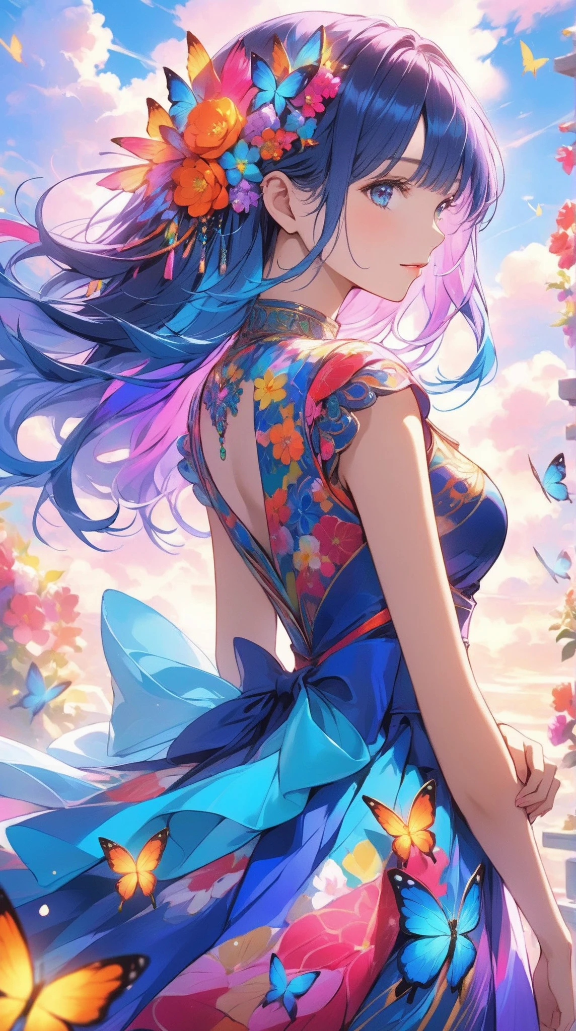 (flat-colors:1.4)、(colourfull:1.8)、(masuter piece:1.2)、top-quality、masterpiece、Original、highly detailed wallpaper、Melody Mark,top-quality、masutepiece、1womanl、独奏、(abstract art:1.4),(Psychedelia Theme:1.6),(Gunjo World:1.5),(Snow World:1.5),(Winter World:1.5),(At the center of the world is the most beautiful woman in the world),(many stars are falling:1.3),A ray of light spreads,Crystals spreading from the center,prisma(Nostalgic landscapes:1.5),(colorful flower:1.3),Garden Girl,gentle sunlight,Soft breeze,Delicate flowers,A rainbow-colored butterfly flaps its wings,Mesmerizing natural beauty,Fragments of Shining Stars, krystal,