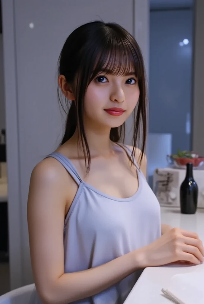 Best quality, masterpiece, ultra high res, (photorealistic:1.37), raw photo, ((Beautiful illustration)), 1girl, long hair, beautifull eyes, beautifull face, detailed eyes and face, blush, t-shirt, dynamic lighting, in the dark, deep shadow, low key, cowboy shot, ((organized fingers)), ((smile)), (((Tank Top, Tense Shirt)))