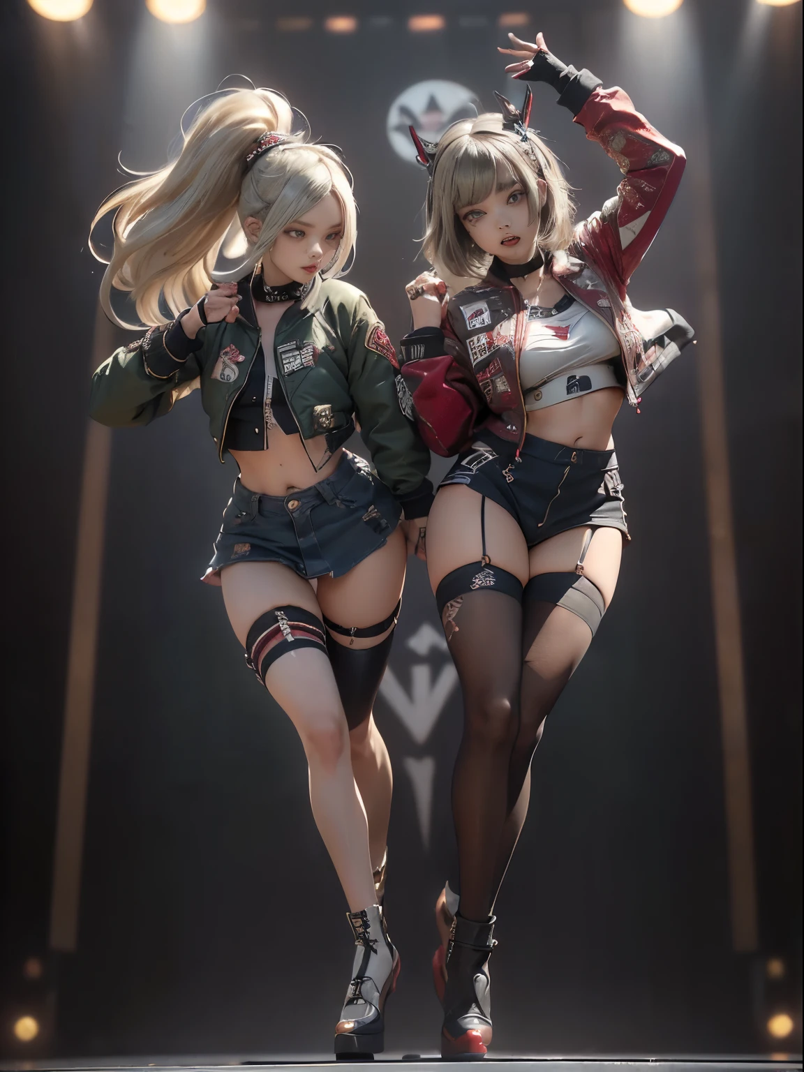 (full body view:1.2)、(Two Girls,2 girls:1.how your teeth and laugh:1.3),(Shibuya Gal:1.5)、(Horny Race Queen:1.4)、(Neo-goth fashion:1.4)、( punk rock visual:1.4)、( modern navy and red and white bomber jacket for intense aerobic poses:1.5)、(Tattered dark green miniskirt :1.4)、(Olive headband:1.3)、(Charcoal and denim gloves:1.4)、collar、white high heels、(We sell patterned underwear with logos.:1.4)、Age 35、NSFW,((top quality、In 8K、masterpiece:1.harp focus:1.2、(layer cut、Huge :1.1),beautiful woman with perfect body shape:1.4、(Are Dancing Hard:1.3)、( open legs:1.3)、(Raise your arms:1.2)、(Open your crotch:1.3)、 slender abs:1.2、Butt、highly detailed face and skin textures、detailed eyes、double eyelids,(bob hair:1.3)、(platinum gold and cream hair:1.3)、dynamic pose、indecent poses、 humiliating pose、gravure idol、(The two of them are posing together:1.5)、(gorgeous sunny fashion show stage:1.3)、(Make your legs thinner:1.lim body:1.3)、(clavicle:1.1)
