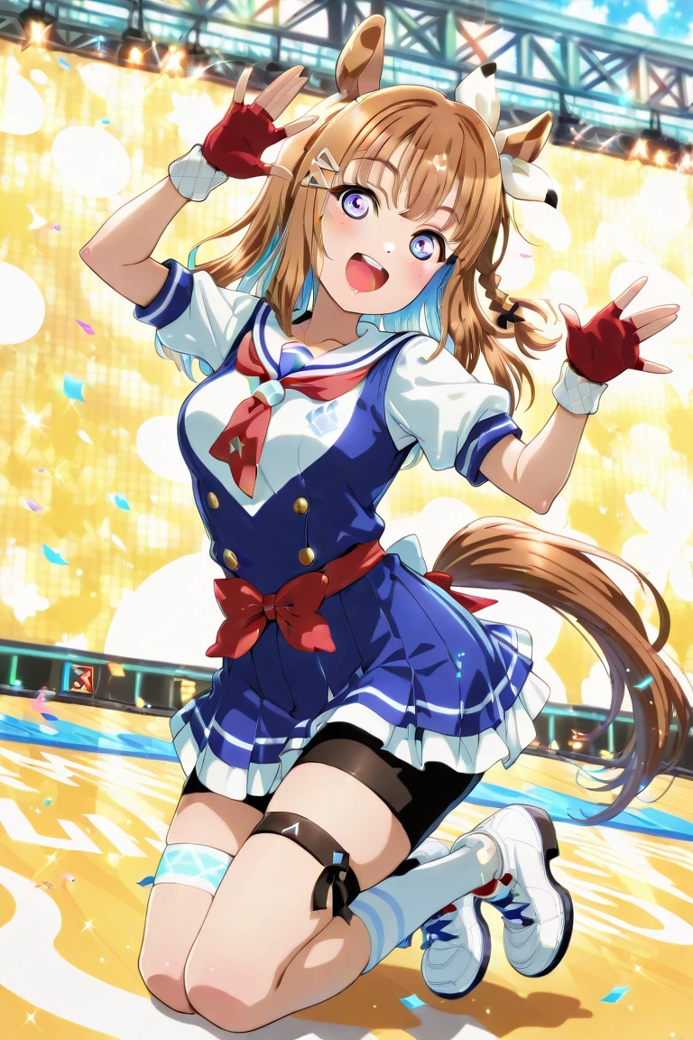 1girl,light brown color medium length hair,tareme,(blue eyes)+,kind smile,medium breasts,fusion of floral print kimono and ball gown,dance hall,cowboy shot,