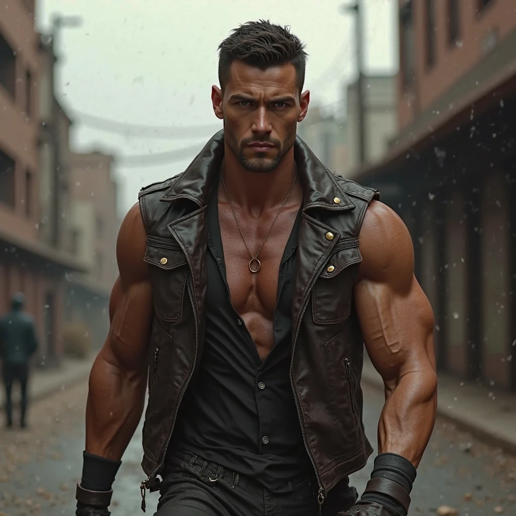 ((alto detalle)), ((Sharp focus)), ((hd)), ((ojos perfectos)), ((cara perfecta)), Jason Statham, hombre guapo, hermoso hombre , (Desnudo, muscular, pectorales, Defined physique)), ((Pelo en el pecho, grandes pezones)), ((sudor, brillante)), pantalones apretados, pantalones de talle bajo, gran bulto, Erection, pubic hair, futuristic, fundas, armas de fuego, guantes, armadura, piernas musculosas, botas,