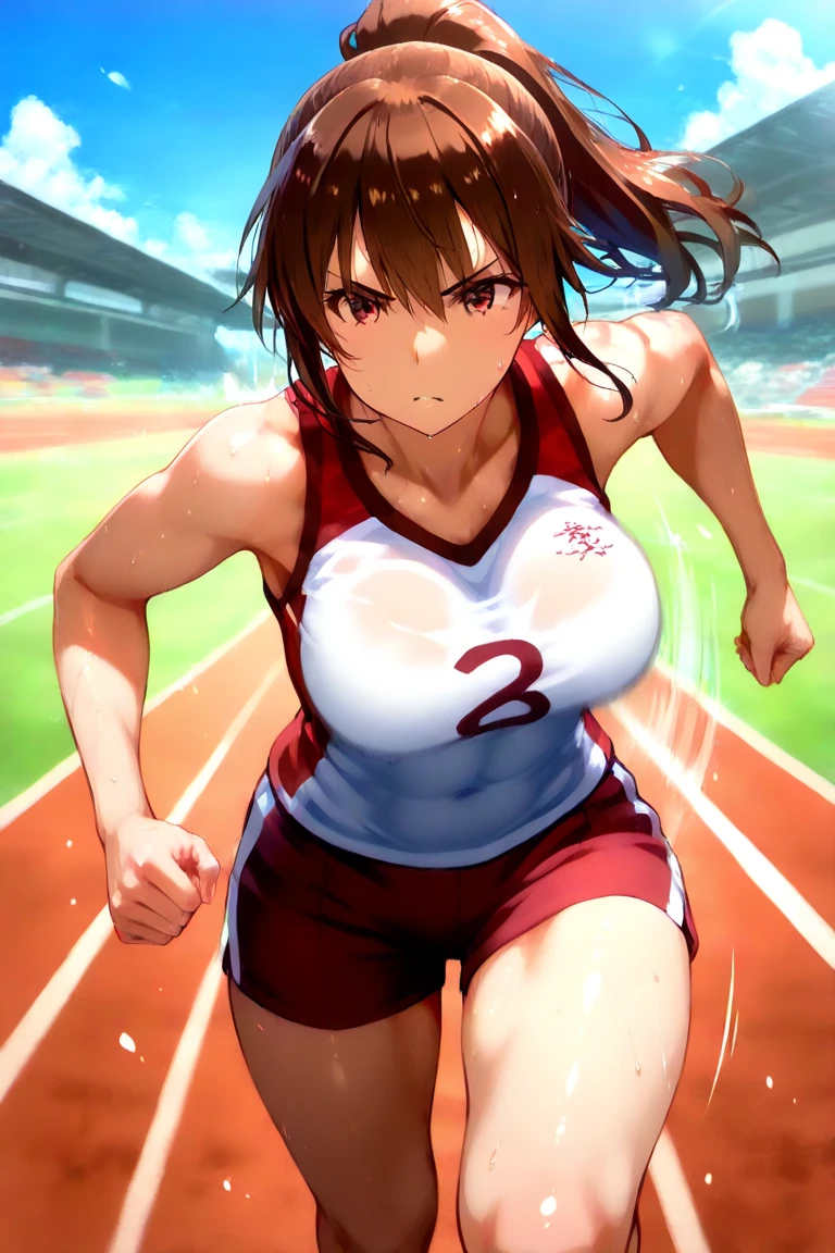 best quality, detailed beautiful skin,(1 girl), curly hair, brown hair, huge breasts, embarrassed, red sports wear, red bloomers, track and field ,Athletics stadium in the background, Tank top,