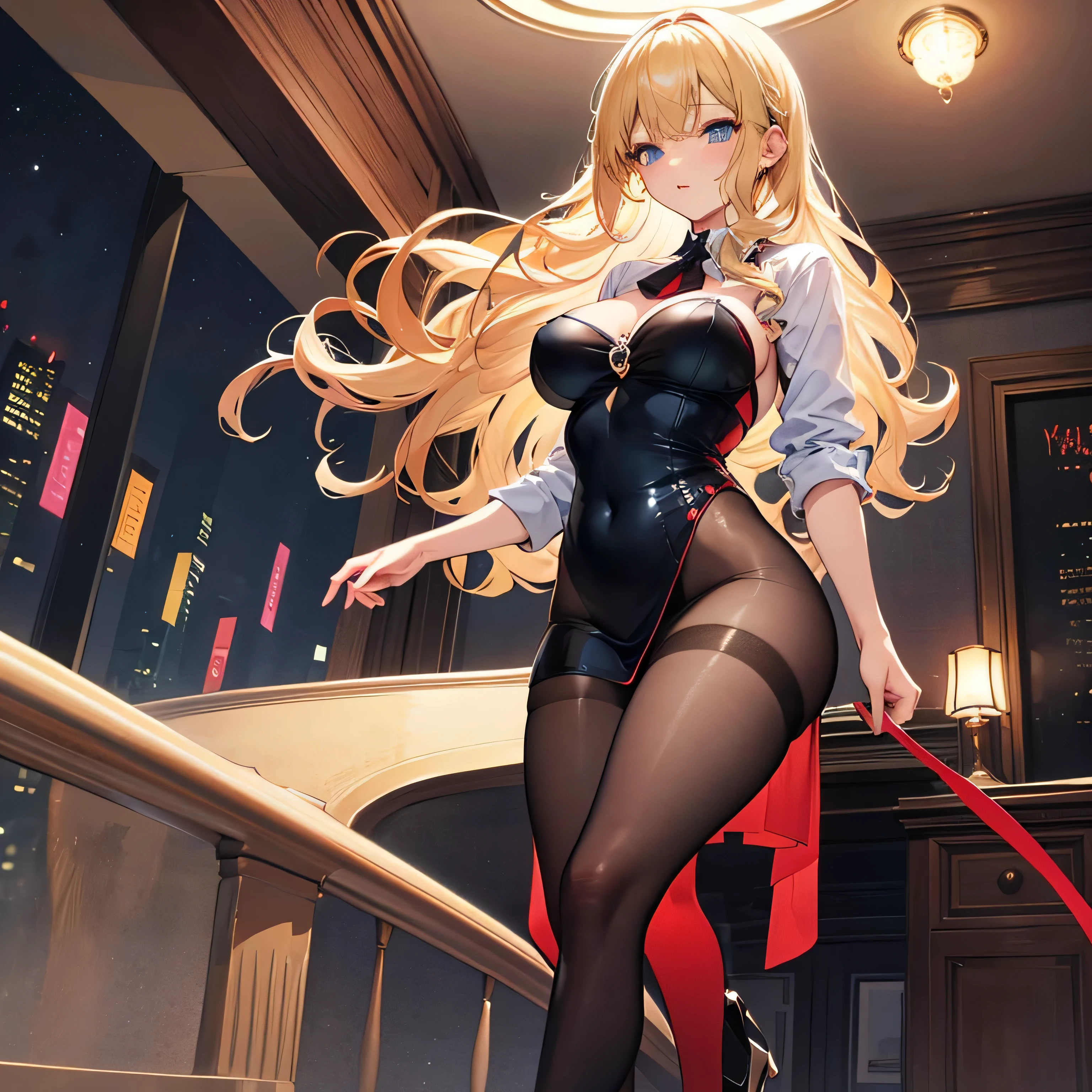 Top Quality、One girl、a blond、Black clothing made of leather、Red tights、miniskirts、Giant tits、Navel、beauty legs、Constriction、Open chest、night、jiji、Background blur